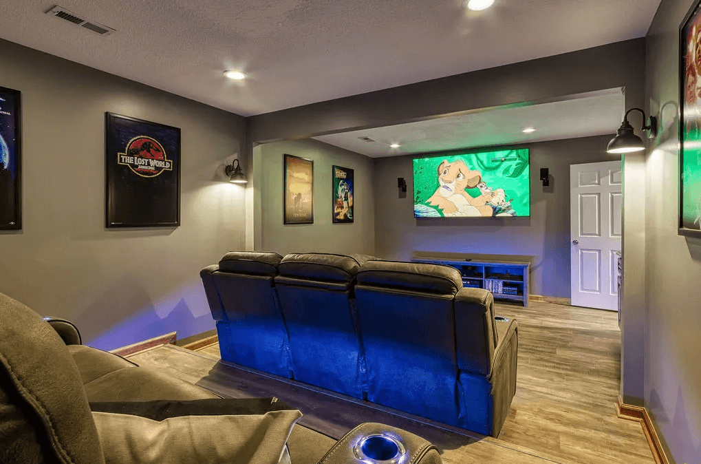 The media room of a cabin rental to reserve for a Smoky Mountain family vacation.